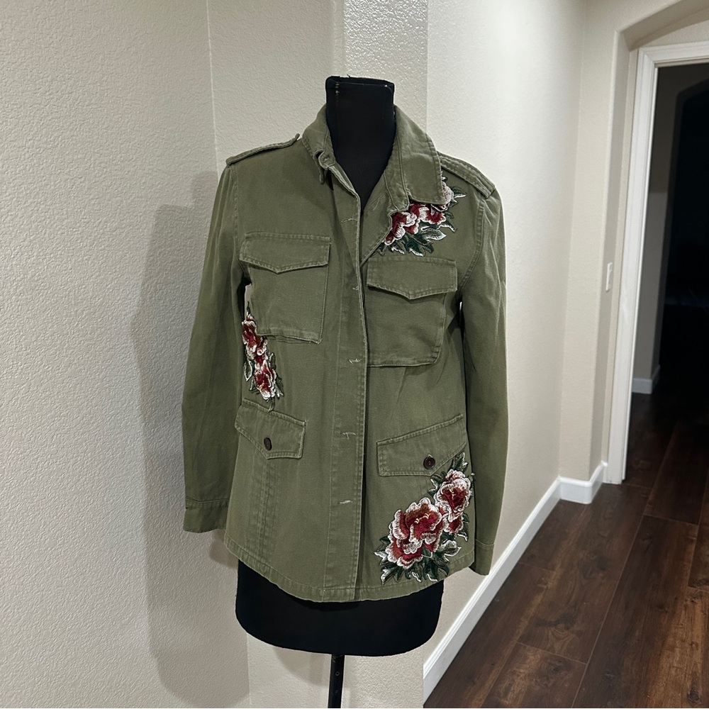 Love Riche Olive Utility Jacket with Floral Embroidery